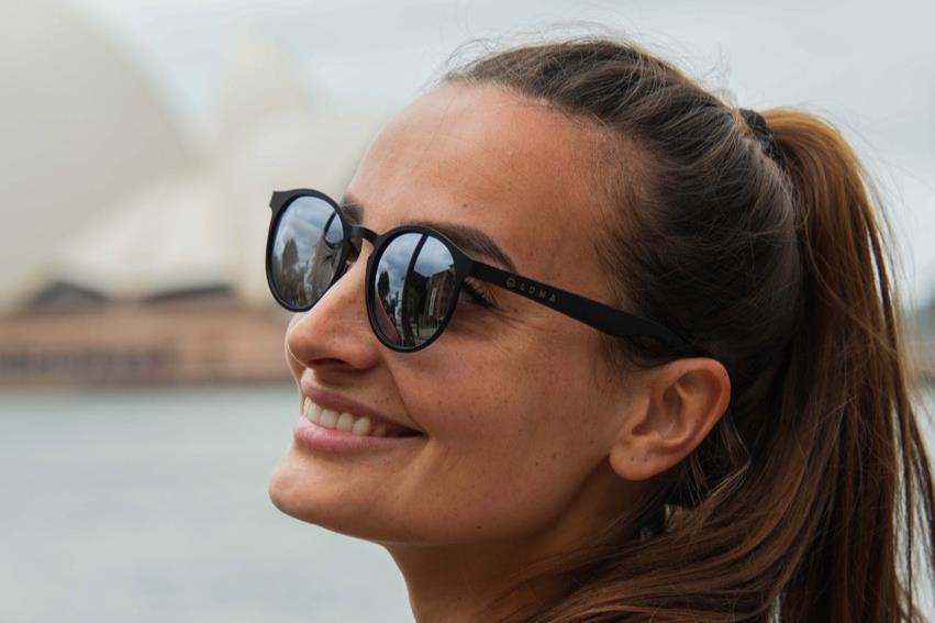 Lady wearing St Ives sunglasses and smiling