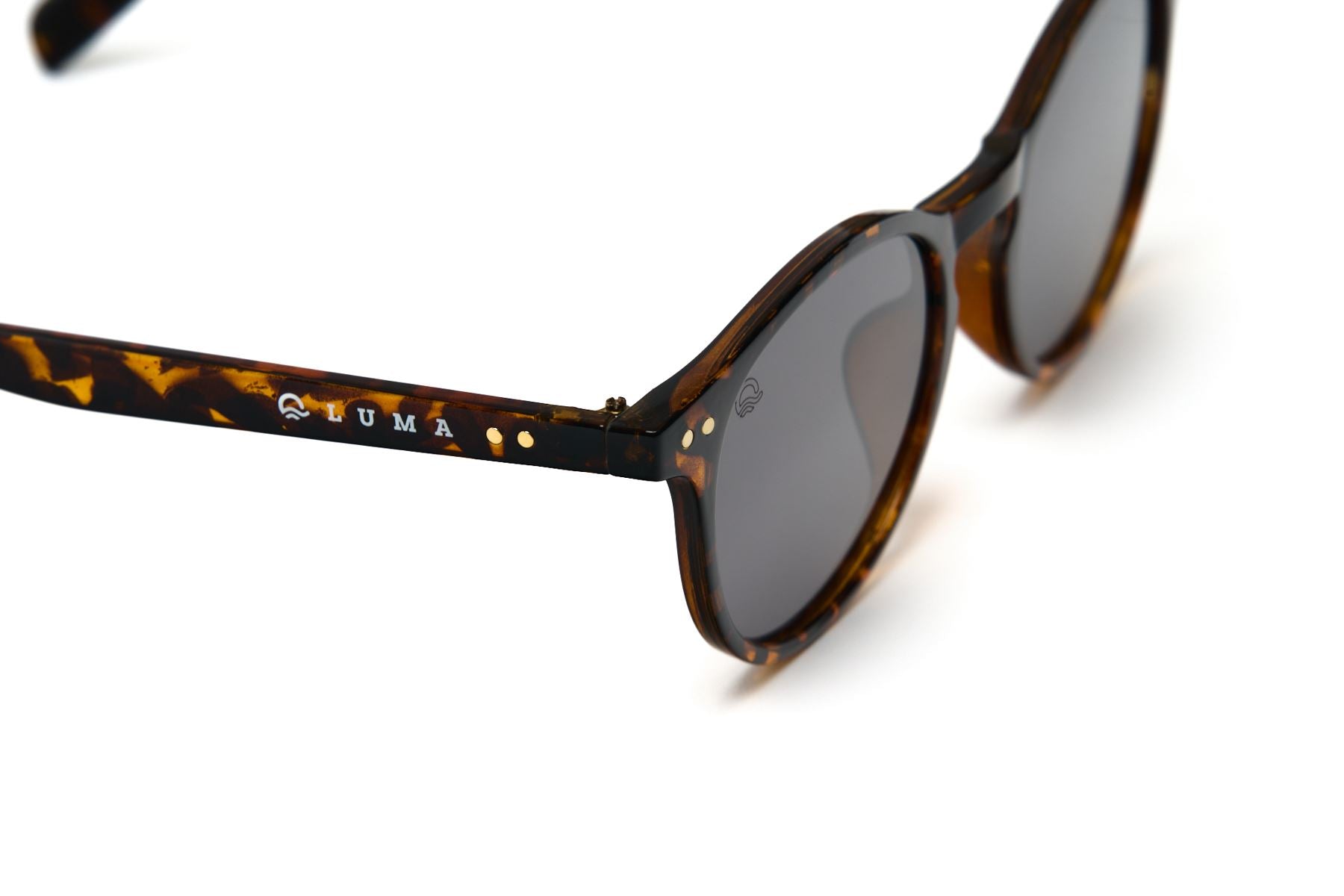 Luma sustainable sunglasses close up product view Fowey model