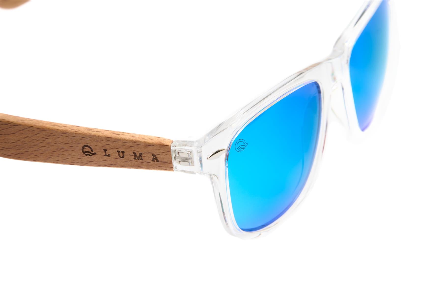 Luma sustainable sunglasses recycled sea plastic Beachcomber clear close up view